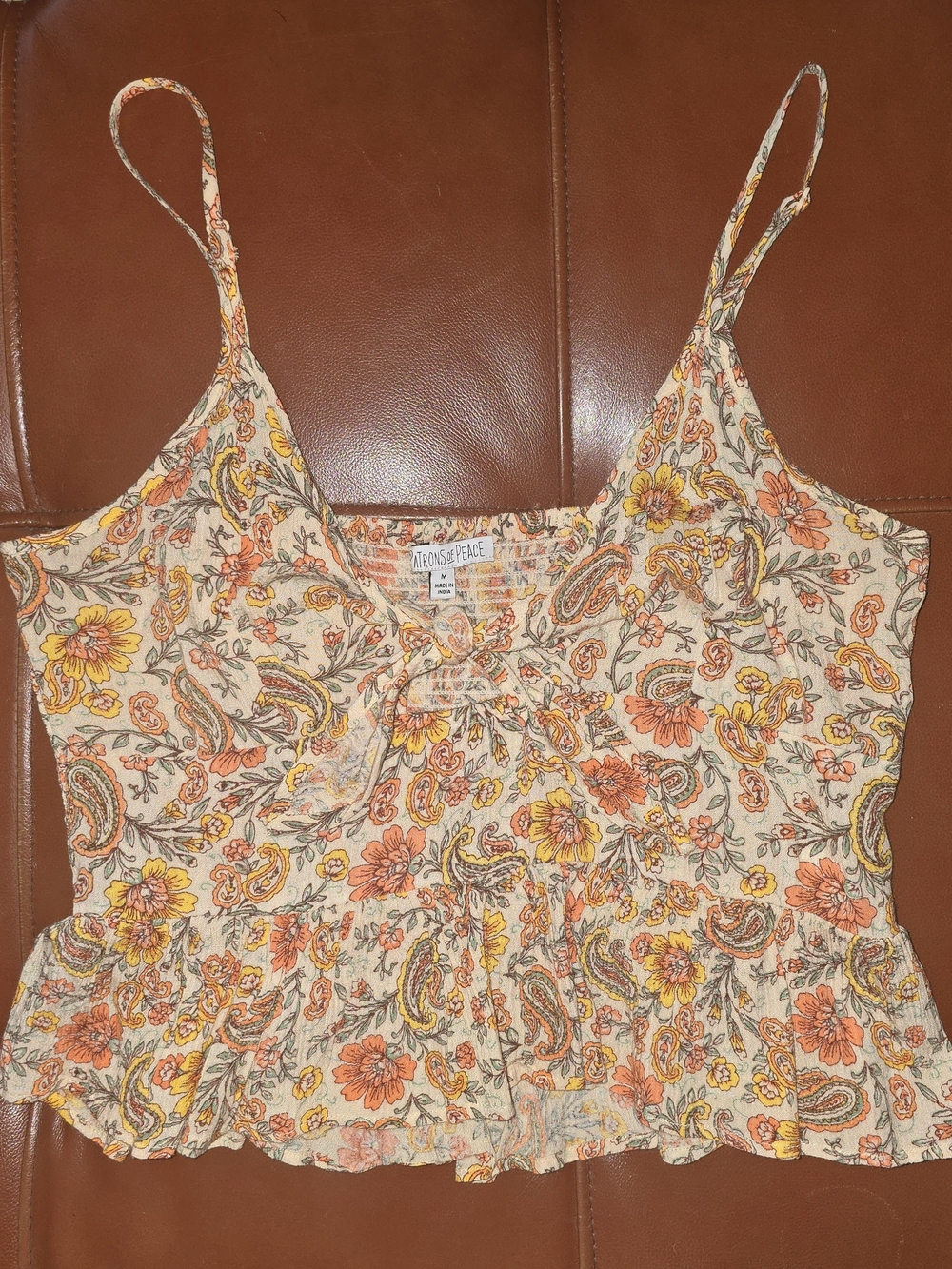 Orange Cream Paisley Floral Spaghetti Strap Crop Top